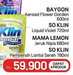 Promo Harga Baygon Aerosol/So Klin Liquid Detergent/Mama Lemon Pencuci Piring/So Klin Pembersih Lantai  - LotteMart