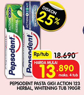 Pepsodent Pasta Gigi Action 123 Herbal, Whitening 190 gr