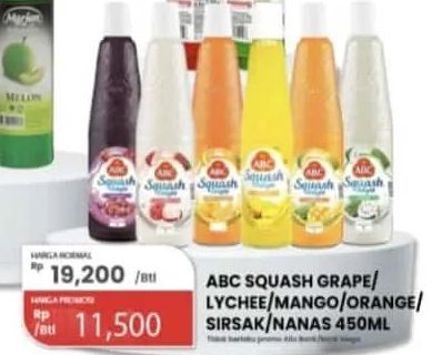 ABC Syrup Squash Delight Anggur, Leci, Mangga, Jeruk Florida, Sirsak, Nanas 460 ml