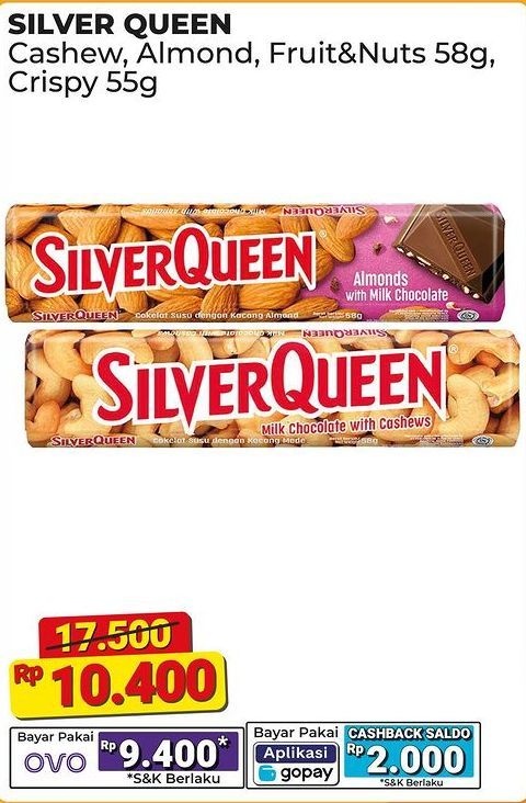 Silver Queen Chocolate Cashew, Almonds, Fruit & Nuts, Crispy 55 gr