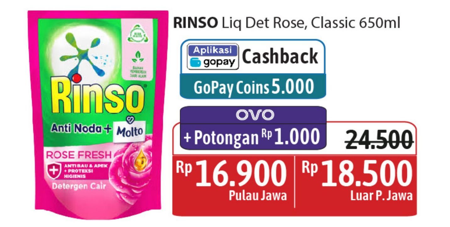 Rinso Liquid Detergent Molto Pink Rose Fresh, Molto Classic Fresh 750 ml