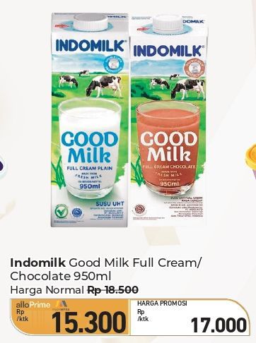 Indomilk Susu UHT Full Cream Plain, Cokelat 950 ml