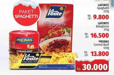 Promo Harga Paket Spagheti (La Fonte Spaghetti + La Fonte Bolognese + Pronas Corned Beef )  - LotteMart
