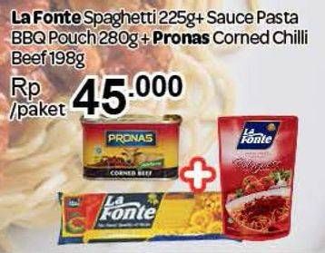 Promo Harga La Fonte Spaghetti + La Fonte Pasta Sauce BBQ + Pronas Corned Beef Chili  - Carrefour